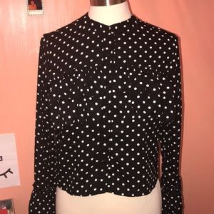 Polka Dot Button Up Ruffle Top with Bell Sleves